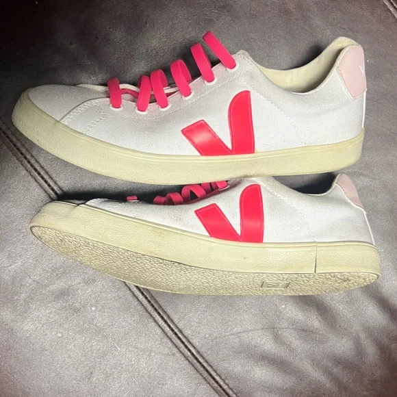 Veja Esplar SE Low Canvas Sneakers White Pink Size 7 Slip-On w/ Stretch Laces - Picture 3 of 7